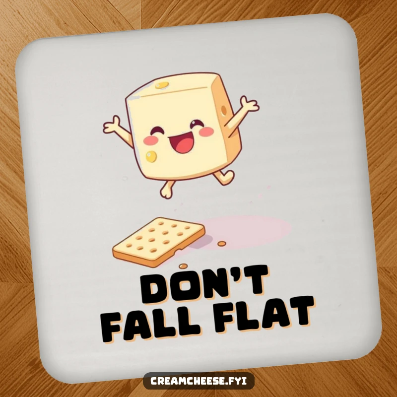 Funny cream cheese wedge leaping over a cracker on a coaster, adding humor to surfaces.