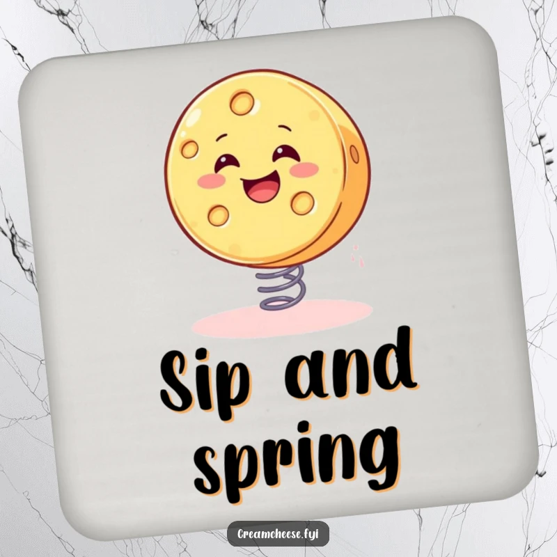 Funny cheese coaster design of a smiling wheel of cheese gleefully bouncing on a spring, providing surface protection.