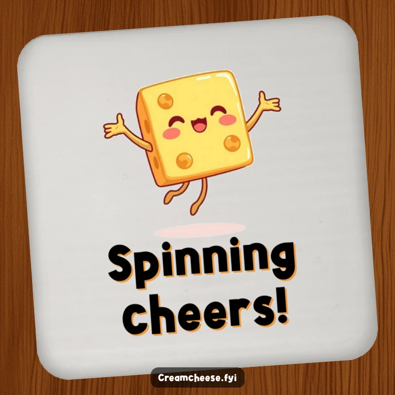 Funny drink coaster showcasing a happy cheese cube performing a joyful pirouette, perfect for protecting furniture with humor.