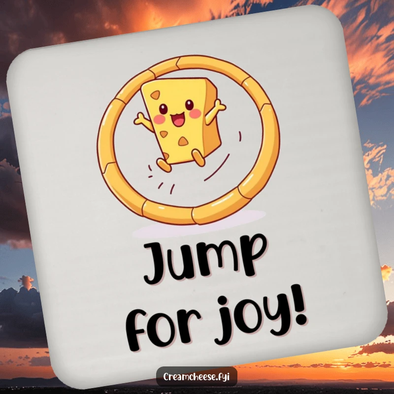 Funny drink coaster showcasing a playful cheese wedge leaping through a hoop made of breadsticks, perfect for protecting furniture with humor.