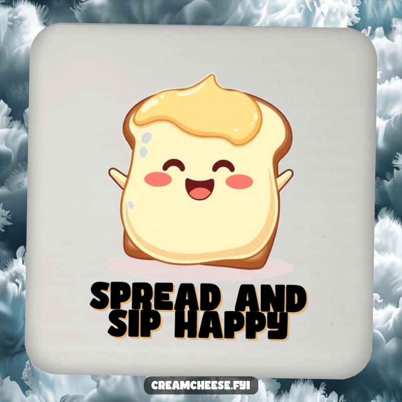 Funny joyful cream cheese blob coaster enthusiastically spreading onto toast, a cheerful drink accessory.