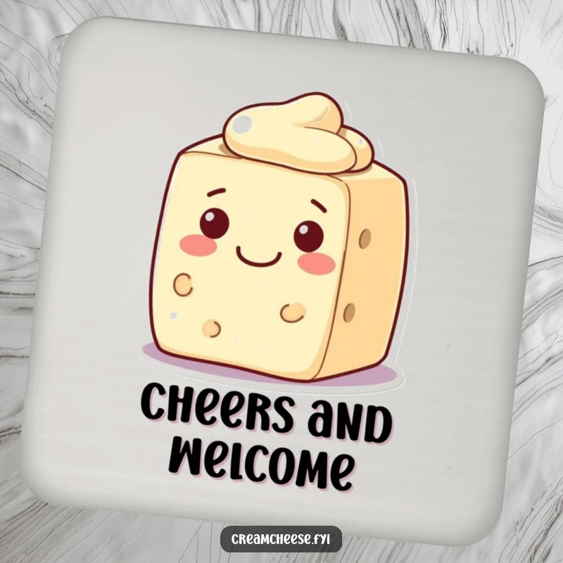Funny cream cheese block coaster, a character offering a warm, welcoming smile, adding friendly charm.
