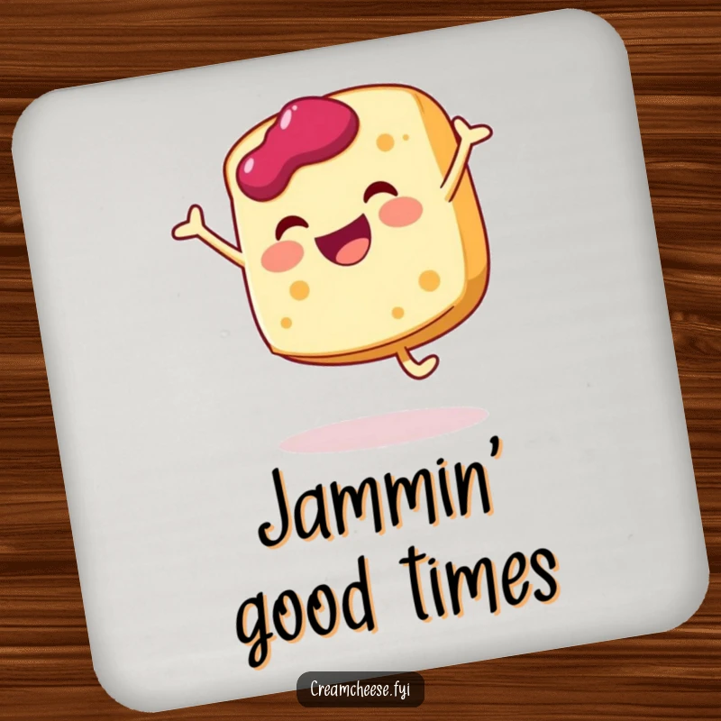 Funny cream cheese slice drink coasters doing a joyful cartwheel with a dollop of jam, decorative and protective.