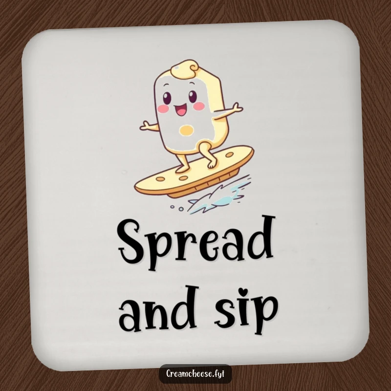 Funny Cream Cheese Coaster: A happy cream cheese character surfs on a giant cracker, adding a humorous and delicious touch to surface protection.