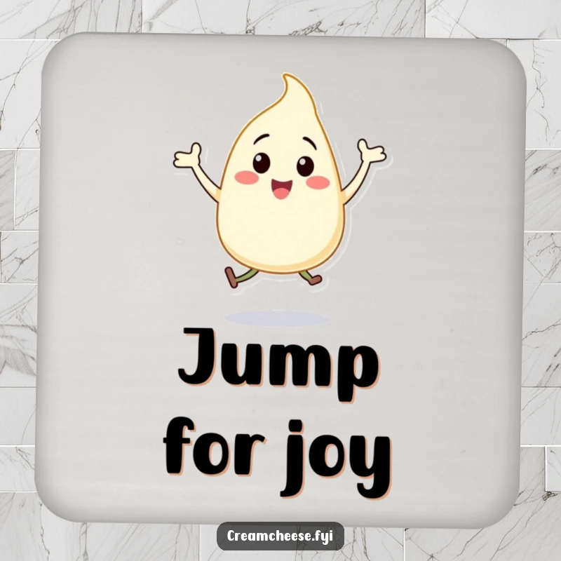 Funny cream cheese dollop coaster, a happy character performing jumping jacks, adding a fun vibe.