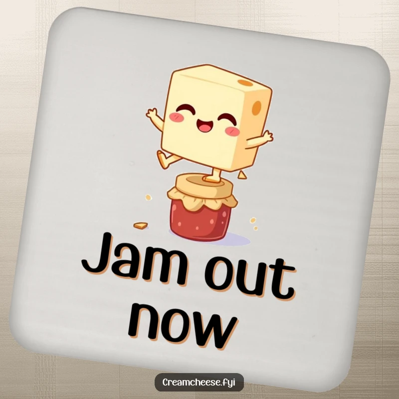 Funny coaster featuring a cream cheese block leaping over a jam jar, protecting surfaces with a dose of breakfast-themed playfulness.