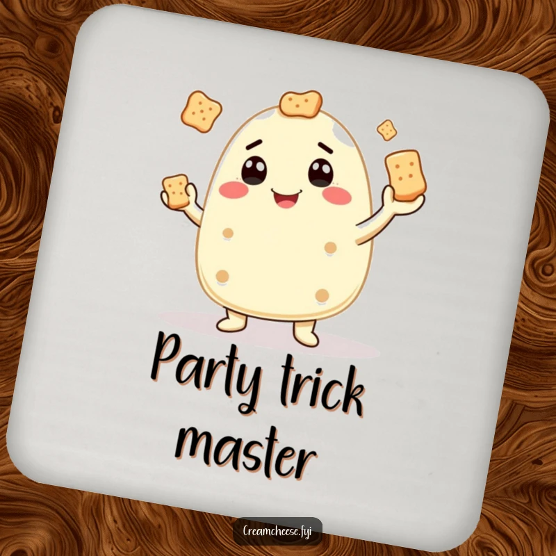 Funny drink coaster featuring a cream cheese character juggling crackers, a humorous and functional table accessory.