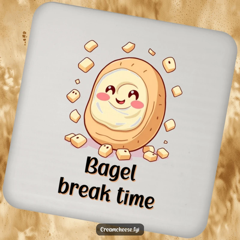 Funny Cream Cheese Coaster showing a giggling cream cheese spread juggling tiny bagel pieces, a humorous and functional addition to any table.