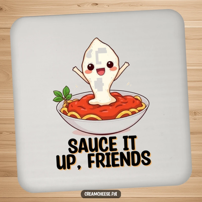 Funny drink coaster featuring a cream cheese dollop hilariously leaping into pasta sauce, protecting surfaces with a smile.
