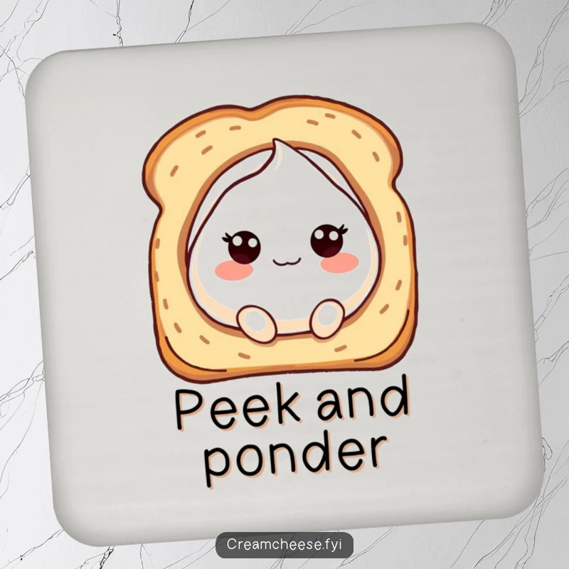 Funny drink coaster with a bubbly cream cheese character playfully peeking from a toasted bread hole, adding whimsical protection.