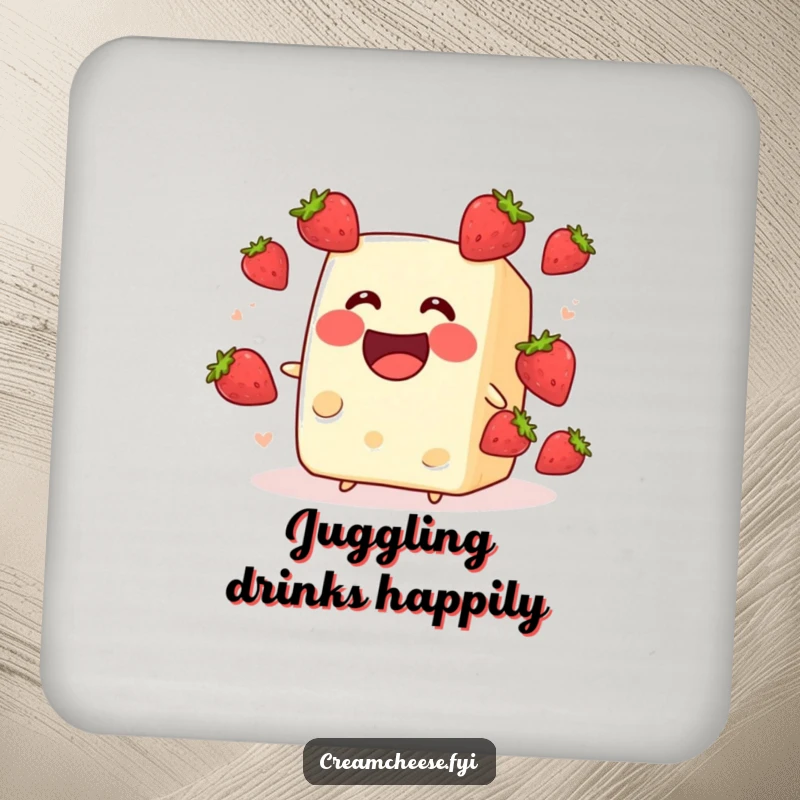 Funny cream cheese block juggling strawberries, featured on drink coasters. A comical and functional addition, perfect as a funny gift.