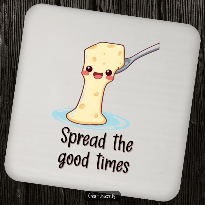 Funny Coasters: Cream cheese slides down a spoon waterslide, humorous protection for surfaces.