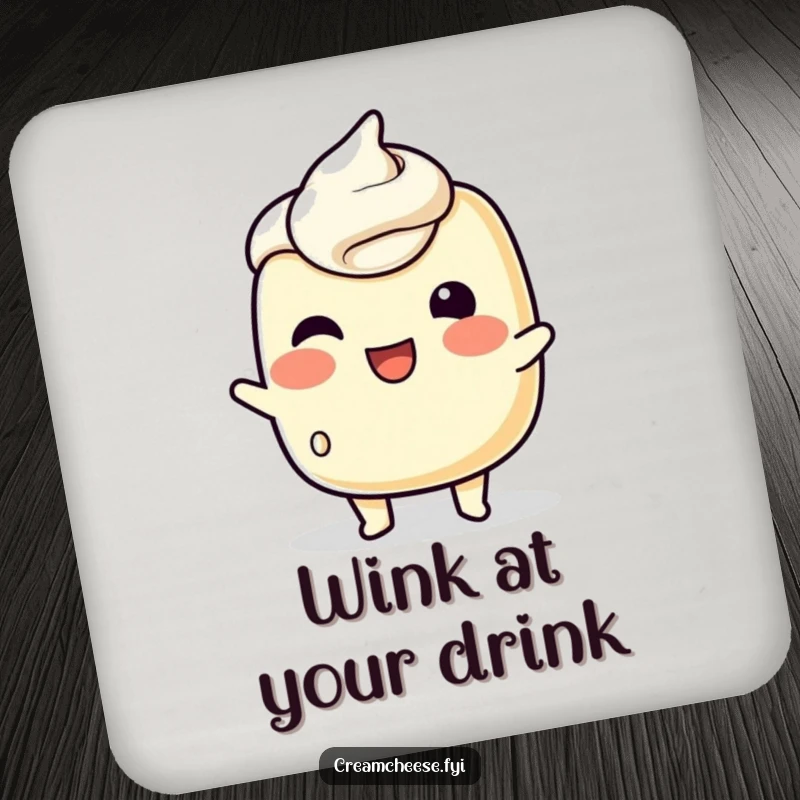 Funny Drink Coaster with a playful cream cheese character attempting a wink, ideal for protecting surfaces with humorous, spreadable charm.