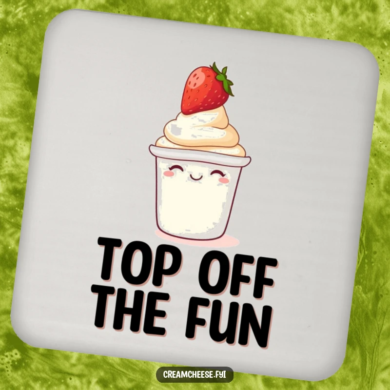Funny Coasters: Giggling cream cheese tub with a strawberry on its lid, humorous protection for surfaces.