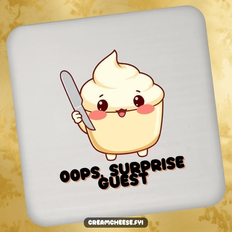 Funny Coasters: Surprised cream cheese spread with an open lid, humorous protection for surfaces.