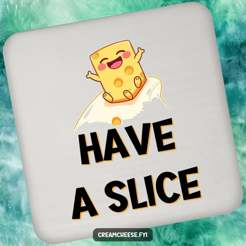 Funny cheese block coaster, featuring a laughing cheese character comically sliding down a smooth, creamy slope.
