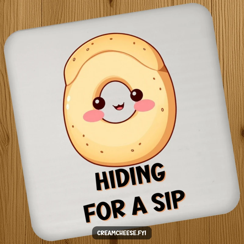 Funny Coaster: A shy wedge of cream cheese with rosy cheeks peeks from behind a bagel, adding a cute, bashful touch.