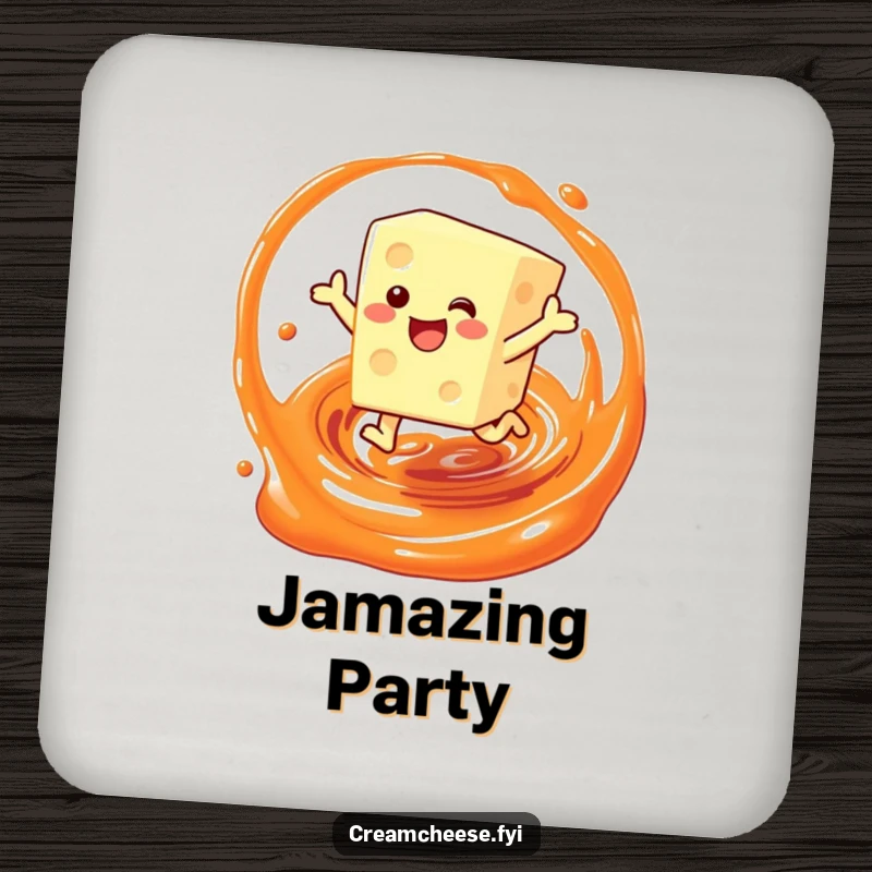 Funny drink coaster featuring a cream cheese block character joyfully leaping through a jam swirl, adding breakfast humor to tables.