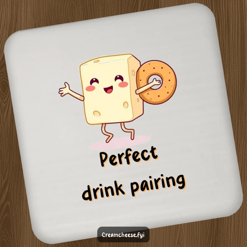 Funny drink coaster featuring a smiling cream cheese block with legs dancing joyfully with a bagel, protecting surfaces with charm.