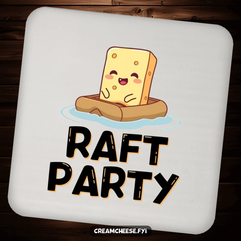 Funny Cream Cheese Drink Coaster depicting a giggling cream cheese bar on a tiny raft, a humorous accessory.