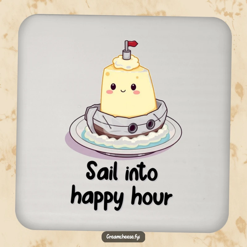 Funny Drink Coaster with a cream cheese character sailing in a foil tugboat, ideal for protecting surfaces with humorous, spreadable adventure.