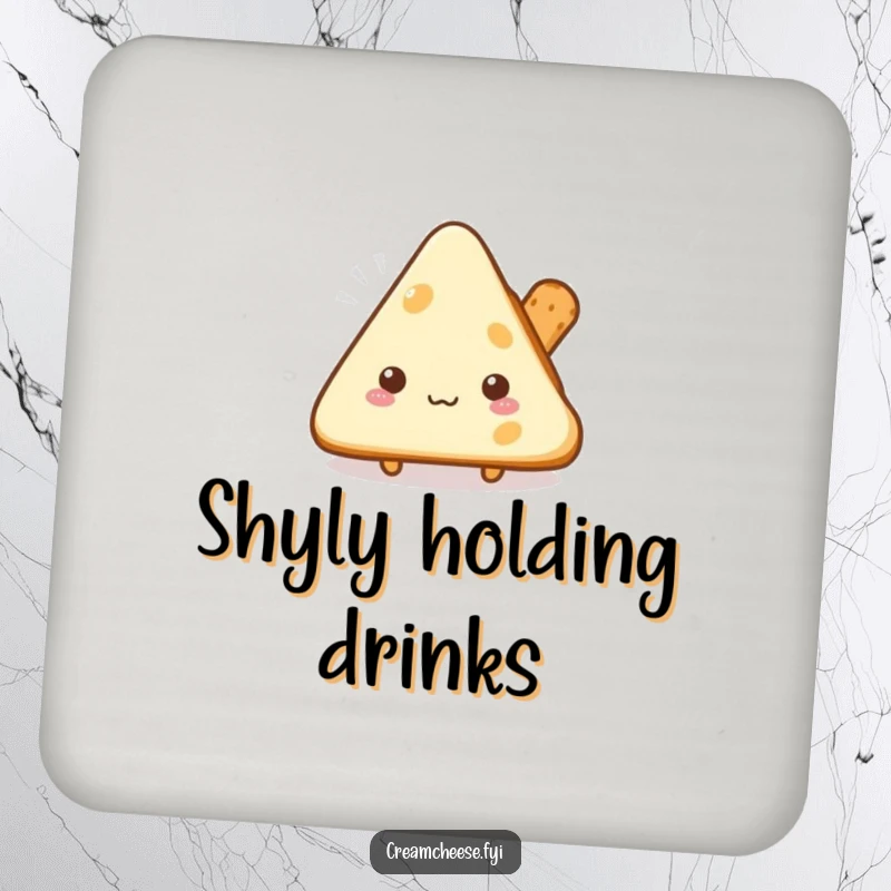 Funny shy cream cheese triangle coaster peeking from behind a breadstick, a humorous drink accessory.