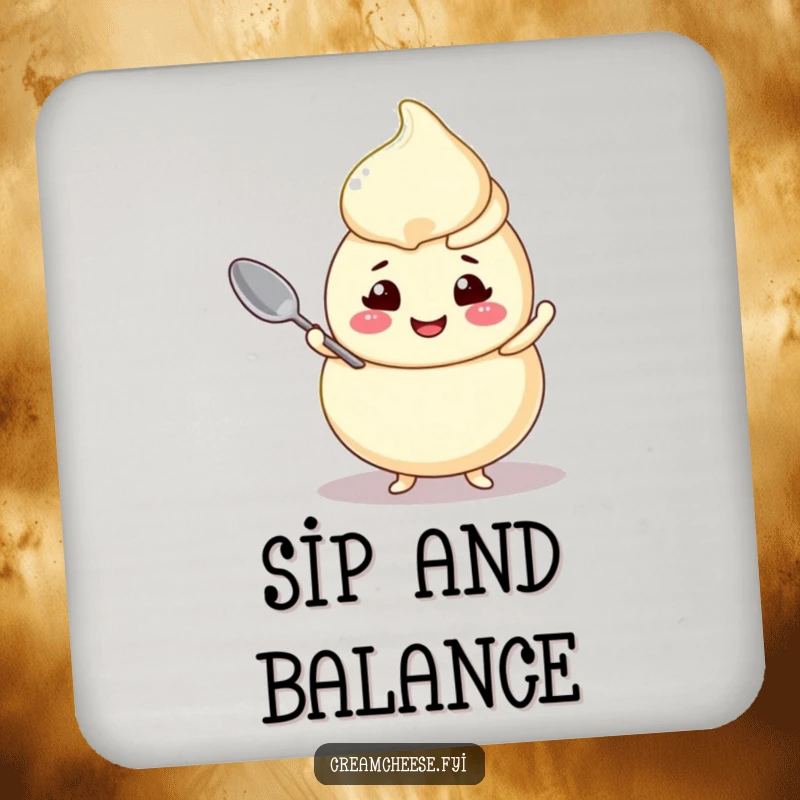 Funny cream cheese swirl coaster, a cheerful character balancing a tiny spoon, protecting surfaces with style.