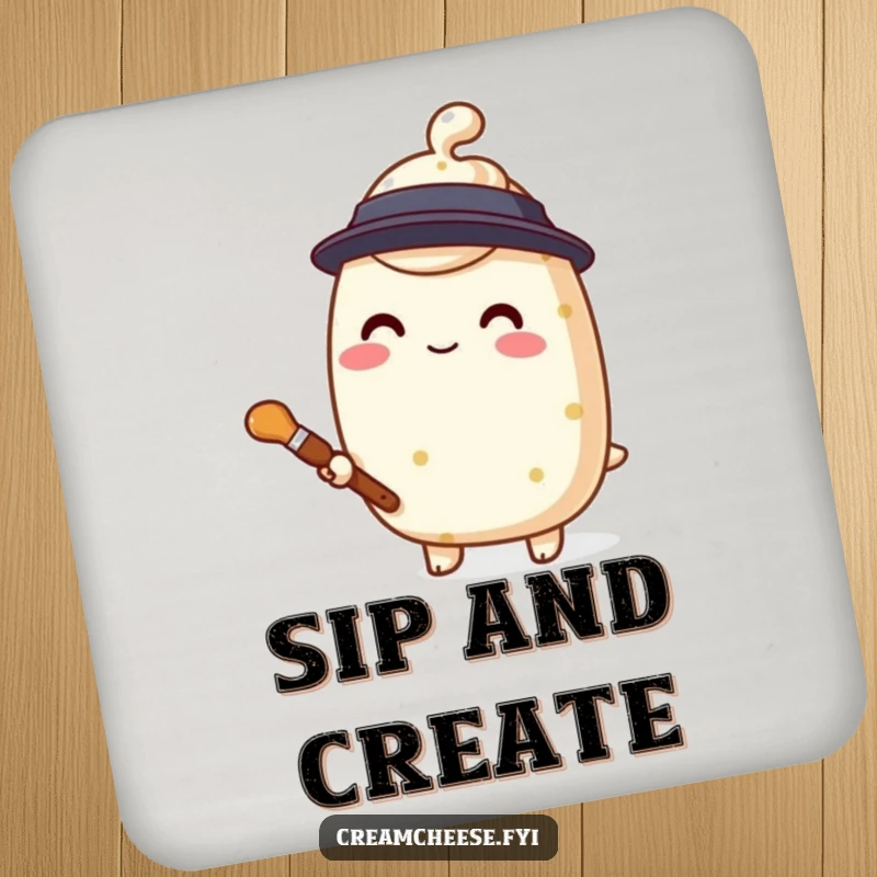 Funny cream cheese painter coaster, a stylized character holding a tiny paintbrush, adding artistic flair.