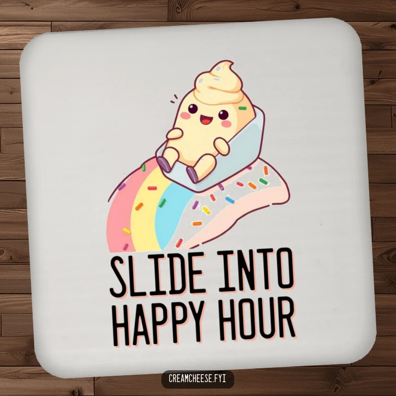 Funny cream cheese tub drink coasters happily sliding down a rainbow sprinkle slope, decorative and protective.