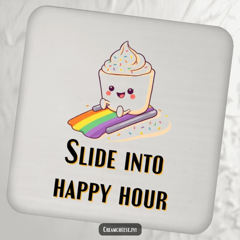 Funny cream cheese tub sliding down a colorful sprinkle slope on a coaster, adding humor to surfaces.