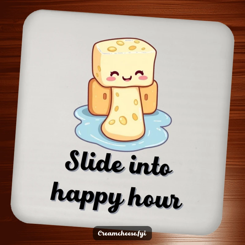 Funny drink coaster with cream cheese sliding down a cracker, a humorous and protective addition to any table.