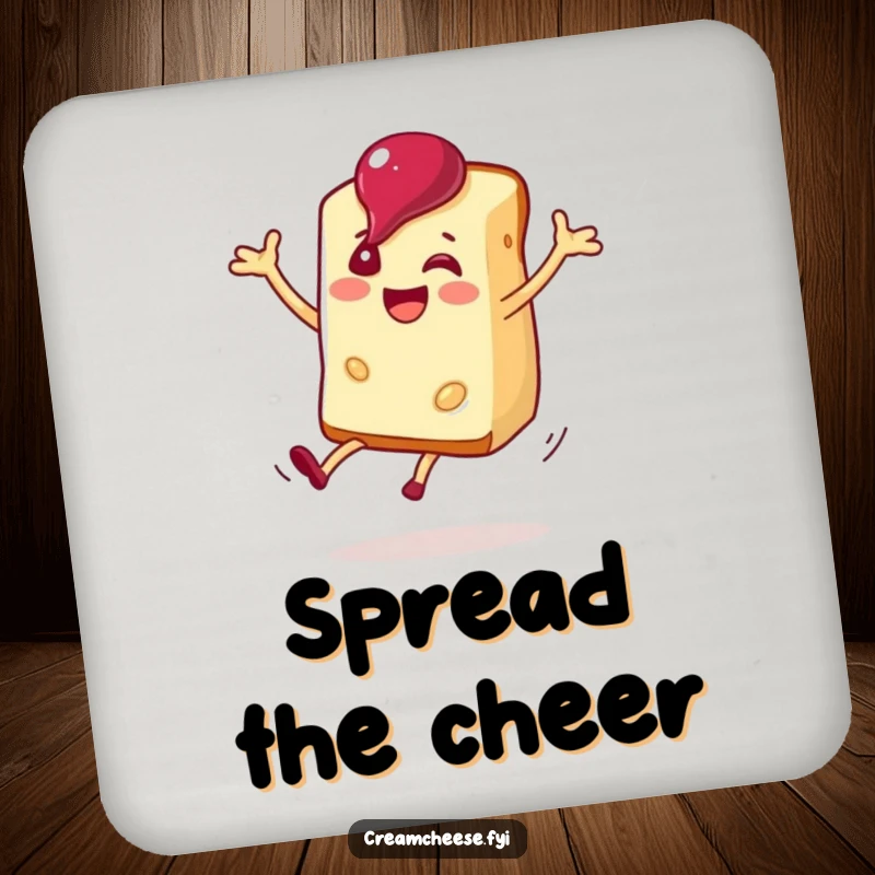 Funny cream cheese slice doing a cartwheel with jam on a coaster, adding humor to surfaces.