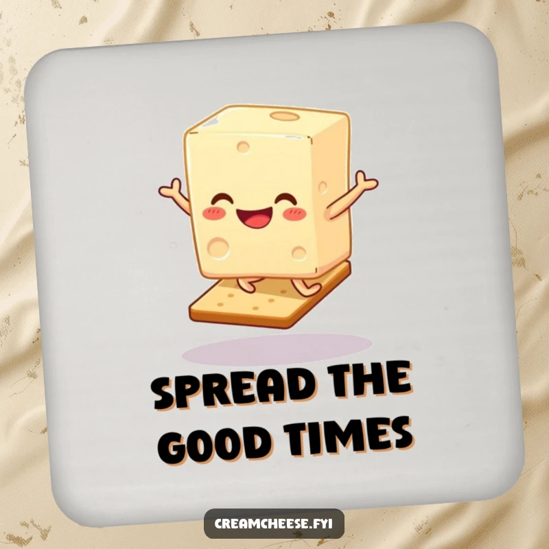 Funny Cream Cheese Hop Drink Coaster: A smiling cream cheese block performs a joyful hop on a cracker, protecting surfaces.