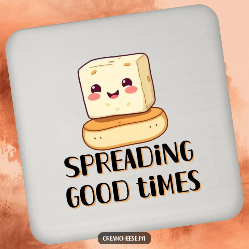 Funny cream cheese cube humorously balanced on a bagel, featured on drink coasters. A comical and functional addition, perfect as a funny gift.