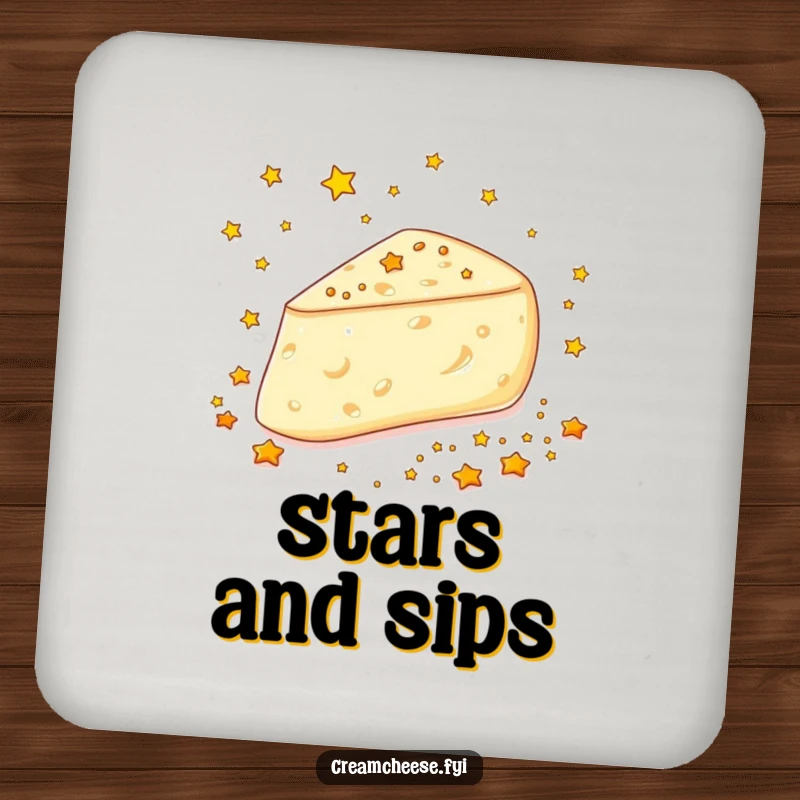 Funny Cream Cheese Stars Drink Coaster: A cream cheese wedge gleefully scatters tiny edible golden stars, a magical surface protector.