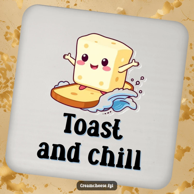 Funny coaster featuring a smiling cream cheese block surfing a toast wave, protecting furniture with a dose of breakfast-themed humor.