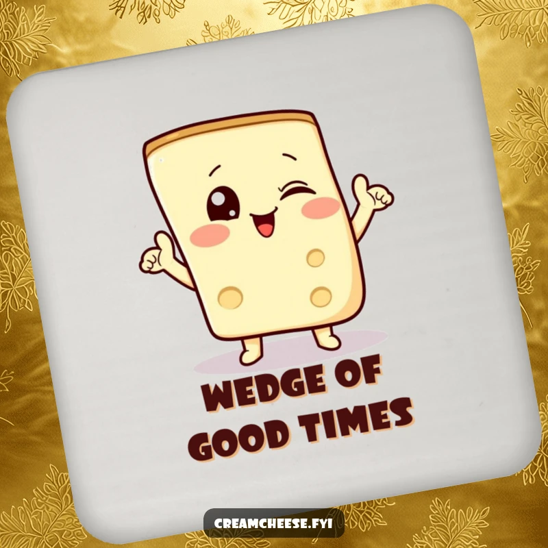 Funny coaster set featuring a winking cream cheese wedge doing a triumphant pose, offering cheesy surface protection.