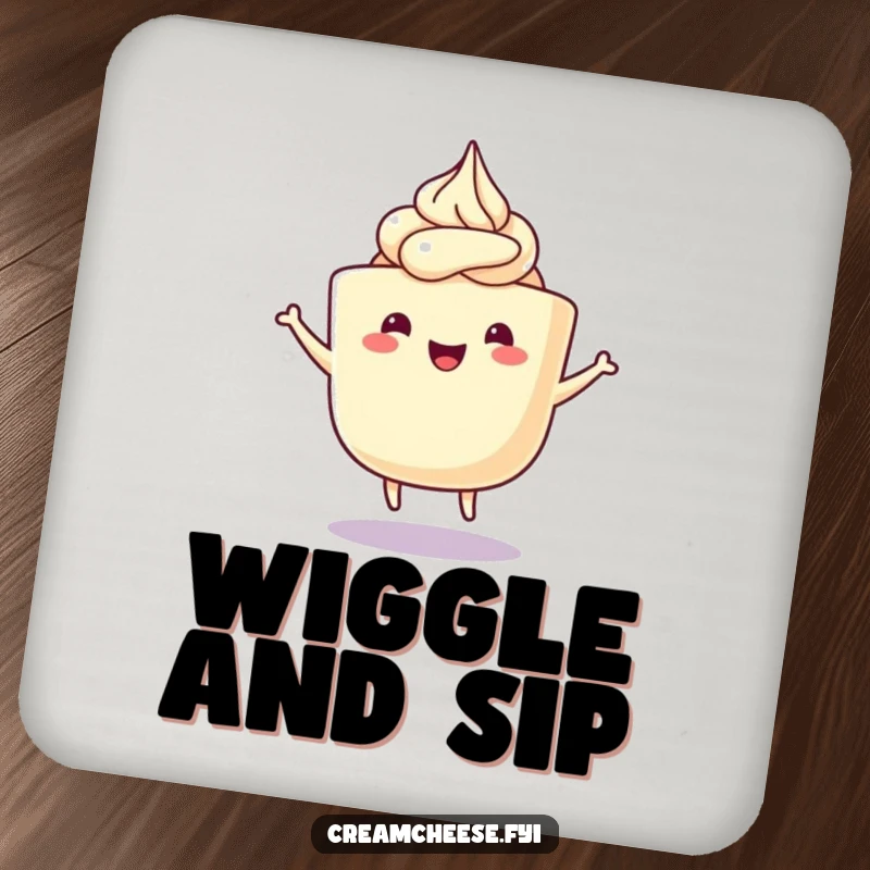 Funny Cream Cheese Coaster showing a happy cream cheese tub with frosting swirls doing a delightful wiggle dance, a humorous and functional accessory.