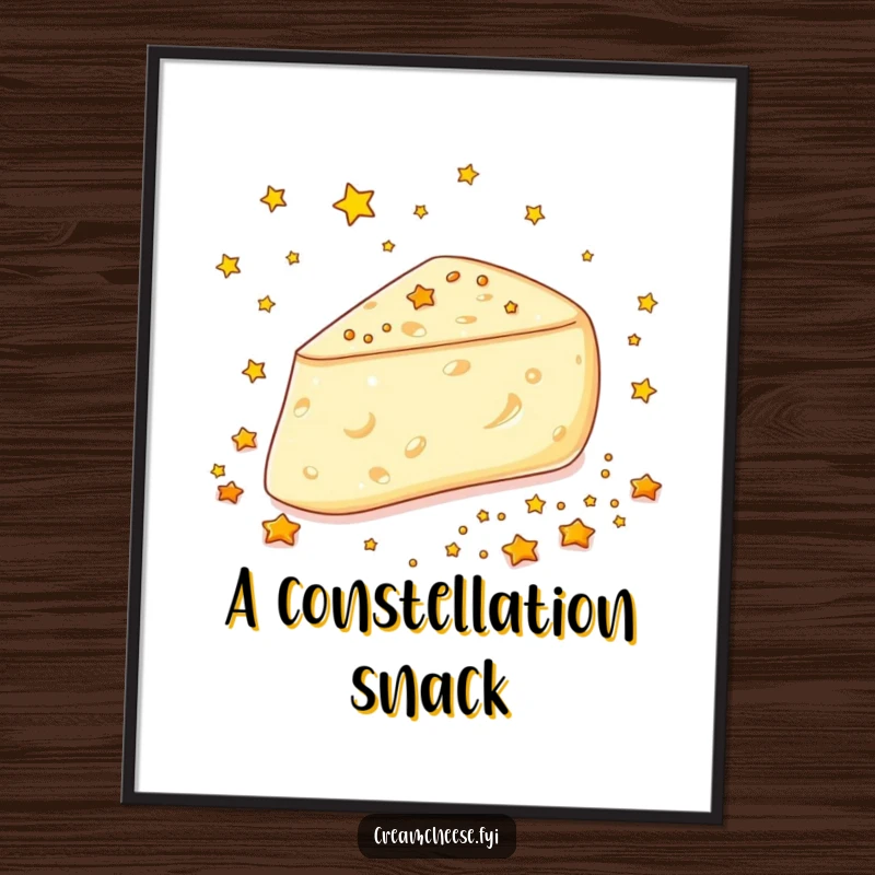 Funny Cream Cheese Stars Poster: A cream cheese wedge joyfully scatters tiny edible golden stars, a whimsical and delightful image.