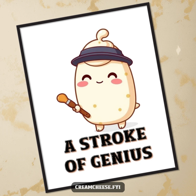 Funny cream cheese painter poster, a stylized character holding a tiny paintbrush, inspiring artistic creation.