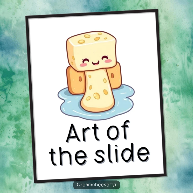 Funny poster of cream cheese joyfully descending a cracker like a waterslide, adding a touch of playful art.