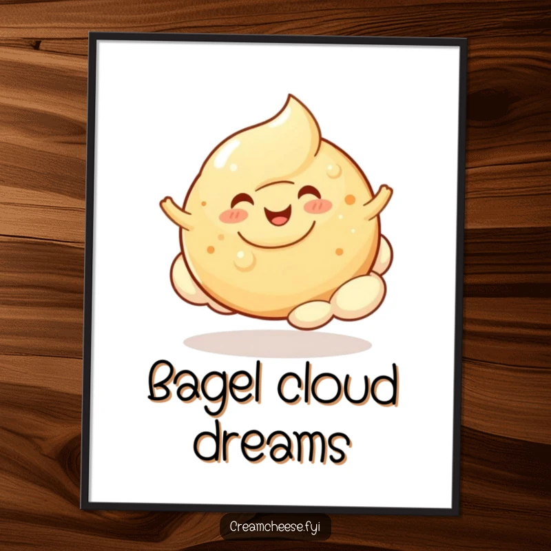 Funny Cream Cheese Blob Bagel Cloud Poster: A cheerful cream cheese blob happily bounces on a fluffy bagel cloud, a delightful image.