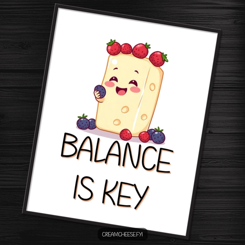 Funny cream cheese smiling block juggling an assortment of small, sweet berries, creating a vibrant and cheerful poster.