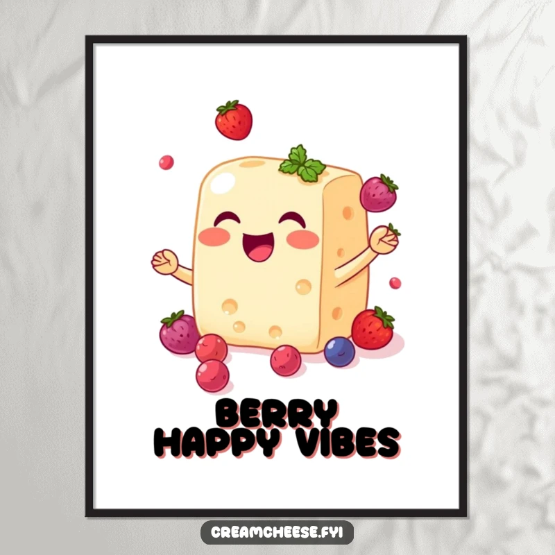 Funny cream cheese block poster joyfully juggling small, sweet berries with a big smile, vibrant food art.