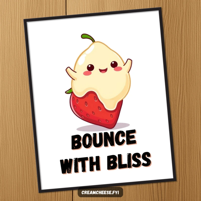 Funny poster art of a playful cream cheese blob happily bouncing on a strawberry, a charming depiction of sweet joy.