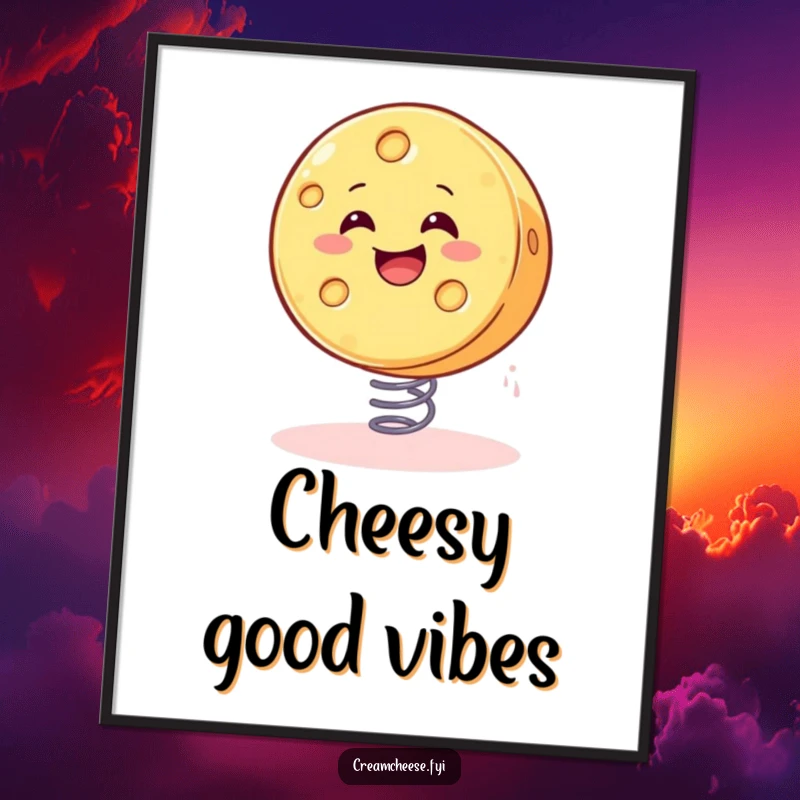 Funny cheese poster showing a smiling wheel of cheese gleefully bouncing on a spring, adding humorous decor.