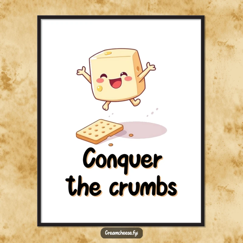 Funny cream cheese wedge gleefully leaping over a fallen cracker, creating inspiring poster art.
