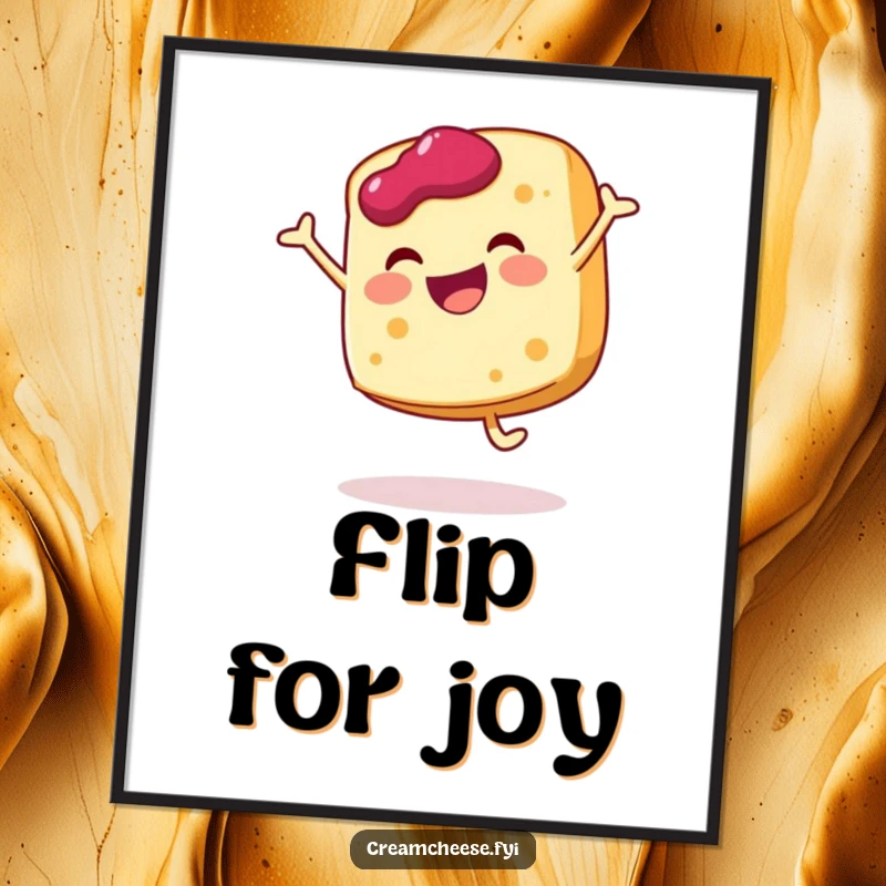 Funny cream cheese slice poster doing a joyful cartwheel with a dollop of jam, vibrant and full of motion.