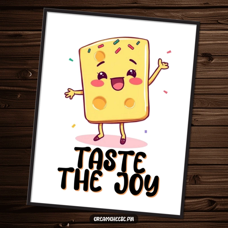 Funny cheese slice poster, a delighted character performing a happy dance surrounded by playful, colorful sprinkles.