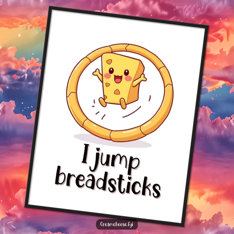 Funny poster art depicting a dynamic cheese wedge leaping triumphantly through a hoop made of breadsticks, celebrating acrobatic snack feats.